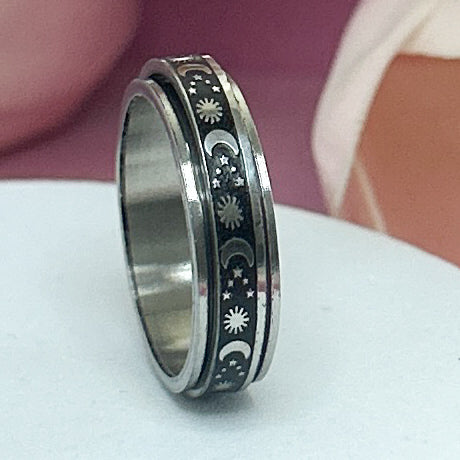 Anxiety Ring-Steel- moon, sun, stars